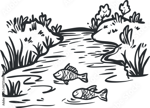 Black and white line drawing of a river with fish swimming and vegetation on the riverbanks