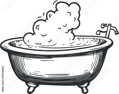 Vintage style black and white line drawing of a bathtub filled with water and bubbles for bath and relaxation concept