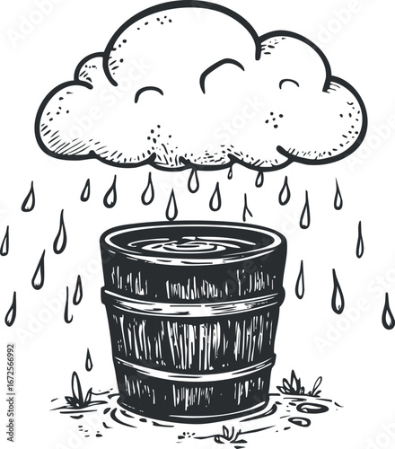 Hand-drawn illustration of a raining cloud dropping water into a wooden barrel outdoors