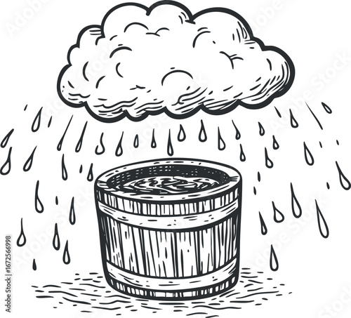 Hand drawn black and white illustration of rain falling from a cloud into a wooden bucket collecting water