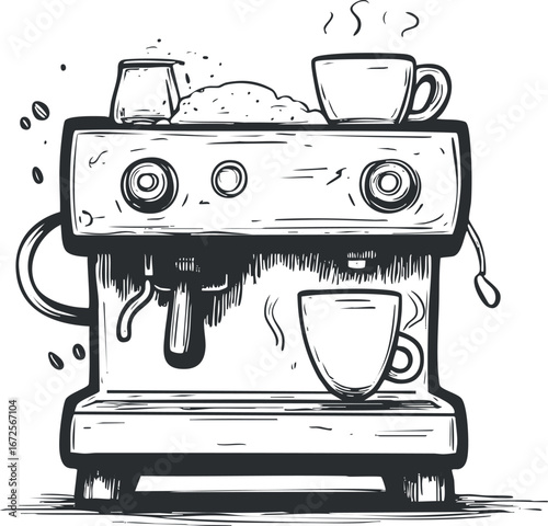 Black and white hand drawn sketch of an espresso coffee machine with cups and steam