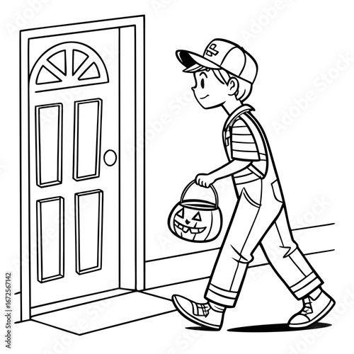 Teenage boy dress up  costume walking dead door to door on Halloween asking for candy or other treats. vector illustration of coloring page black and white  