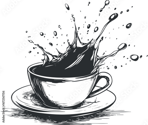 Black and white hand-drawn illustration of a coffee cup with liquid splashing out on a saucer