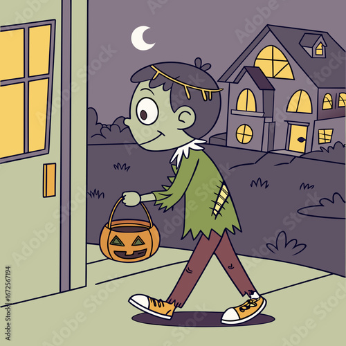 Teenage boy dress up  costume walking dead door to door on Halloween asking for candy or other treats. vector illustration of coloring page black and white  