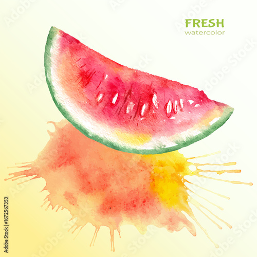 Watercolor illustration of a juicy watermelon slice. Hand painted summer fruit clipart, isolated on background watercolor blot