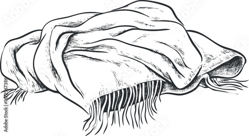 Sketch illustration of a folded blanket or shawl with fringed edges showing soft fabric texture