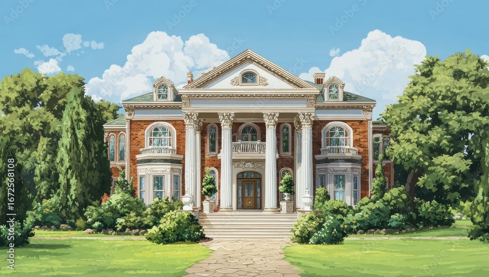 Fototapeta premium Grand estate mansion under a sunny sky. Lush landscaping surrounds a stately, brick house with columns and a porch