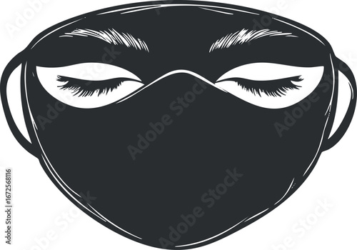 Black and white illustration of a face mask covering closed eyes with eyelashes and eyebrows visible