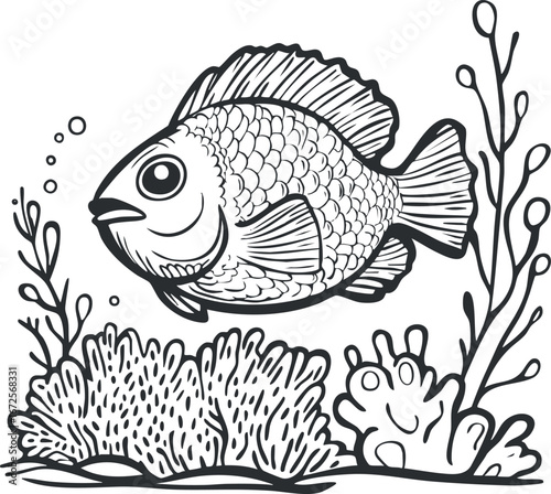 Black and white illustration of a fish swimming underwater among coral and seaweed with bubbles