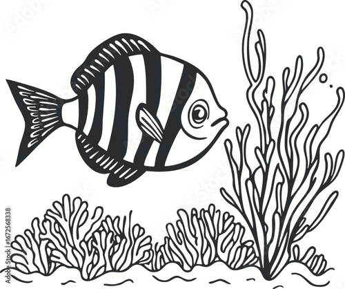 Black and white illustration of a striped fish swimming near coral and seaweed underwater