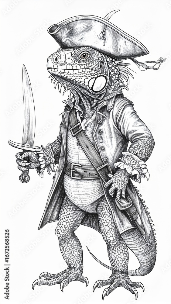 Obraz premium Anthropomorphic Lizard Creature with Pirate Costume Holding Sword Black and White Drawing