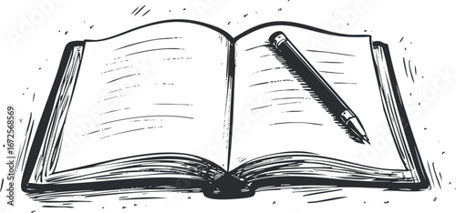 Black and white sketch of an open book with a pen resting on its pages, symbolizing writing and reading.