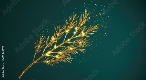 Gilded illuminated branch against deep teal backdrop with shimmering specks