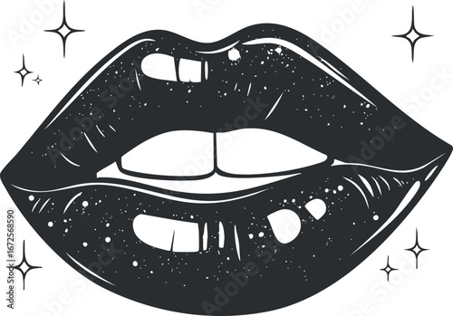 Black and white illustration of glossy lips biting lower lip with sparkles, symbolizing beauty and sensuality
