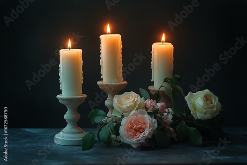 Romantic Candle Arrangement With Roses on a Dark Background for a Peaceful At...