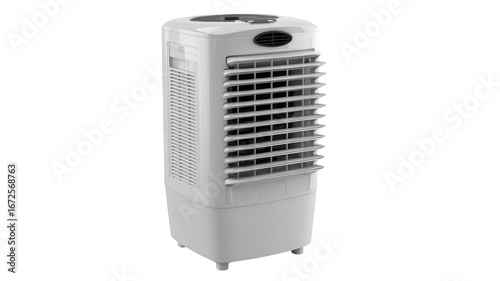 White portable evaporative cooler, rectangular shape, with front grille