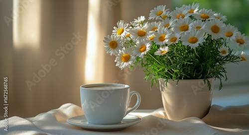 Freshly Brewed Coffee Next to Blooming Daisies Indoors in a Cozy Setting.
