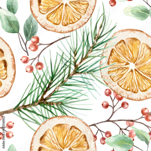 Christmas seamless pattern with dried orange slices, fir branches, red berries and green eucalyptus leaves. Hand drawn watercolor pastel illustration for New Year wrapping paper and textiles.