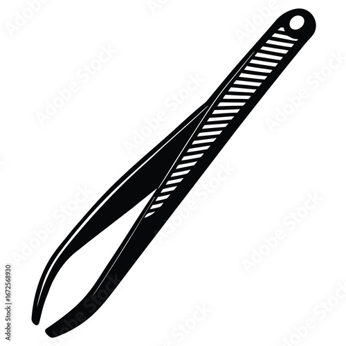 Black Silhouette Of Slanted Tweezers With Slotted Handle On White Background tool grooming