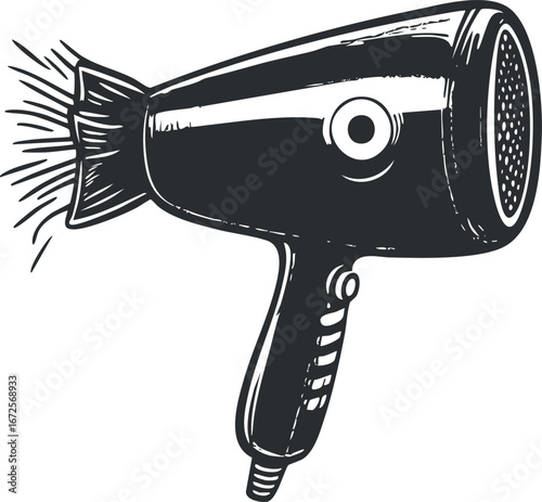 Black and white vector illustration of a handheld hairdryer used for styling and drying hair