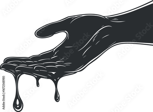 Illustration of a black silhouetted hand with liquid dripping from the palm, symbolizing fluid or oil.