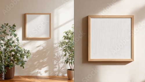 Two identical light beige wooden picture frames on a beige wall, showcasing a blank canvas, with houseplants in the foreground.  Sunlight casts shadows on the wall