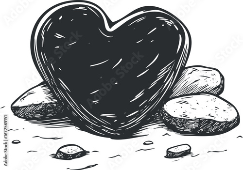 Black and white sketch of a heart-shaped stone among other rocks symbolizing love and nature.