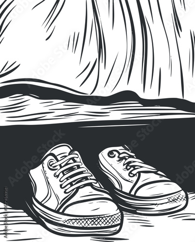 Black and white illustration of casual canvas sneakers with laces on flat surface
