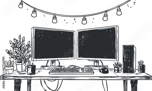 Black and white illustration of an organized workspace with dual computer monitors, keyboard, mouse, plants, and string lights above the desk.