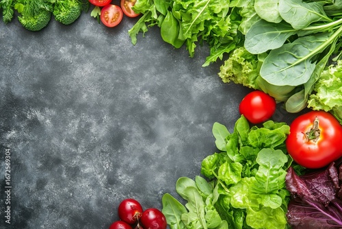 Fresh Greens and Ripe Tomatoes Arranged on a Dark Kitchen Surface for Healthy...
