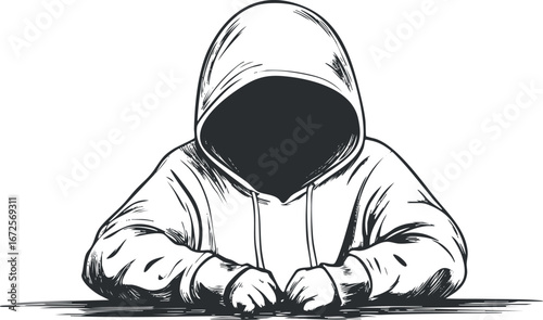 Black and white sketch of a faceless person wearing a hoodie sitting with hands on a surface in a mysterious pose