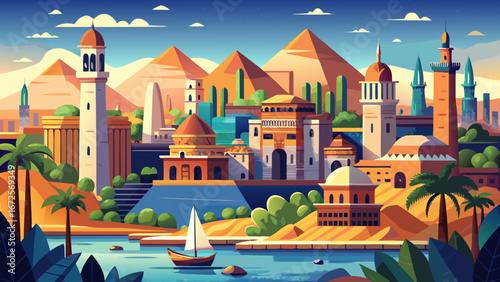 Cairo, Egypt, a city where history and modernity collide. The Nile flows calmly beside towering minarets, bustling bazaars, and the timeless presence of pyramids shaping the ancient horizon.