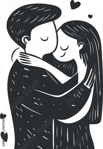 Black and white illustration of a loving couple embracing each other with hearts around them