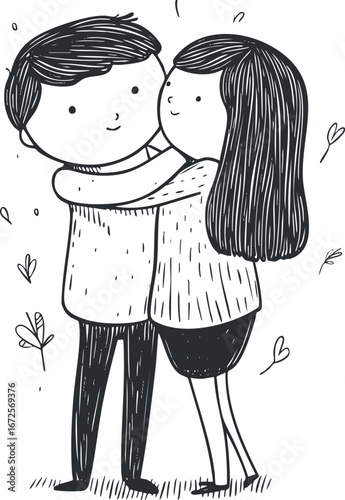 Black and white sketch of a young couple hugging affectionately showing love and friendship