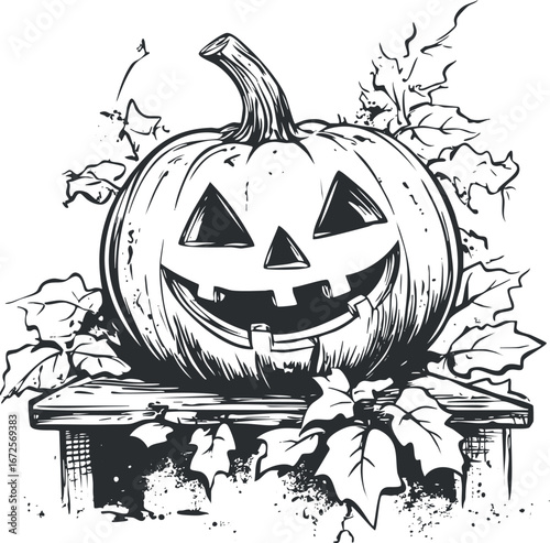 Black and white illustration of a carved pumpkin jackolantern with a smiling face sitting on a wooden bench surrounded by autumn leaves.