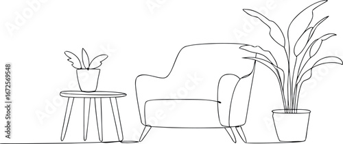 realistic continuous one line art design vector drawing of armchair