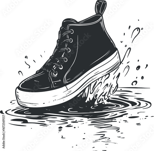 Black high-top sneaker splashing into water creating dynamic water splash illustration