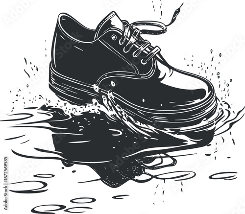 Black leather shoe stepping into a puddle creating a water splash and droplets illustration