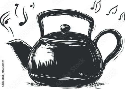 Black and white illustration of a teapot with steam shaped like musical notes rising from the spout