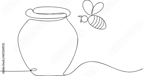3d continuous one line drawing of honey pot eps and flying on white background