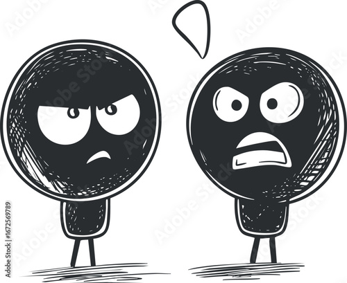 Black and white cartoon illustration of two angry faces expressing frustration and conflict