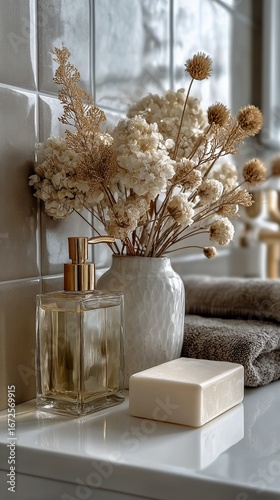Elegant Bathroom Decor Featuring Floral Arrangement and Scented Essentials on...