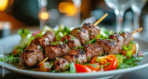 Grilled Meat Skewers Served on a Bed of Fresh Salad in a Cozy Dining Atmosphere