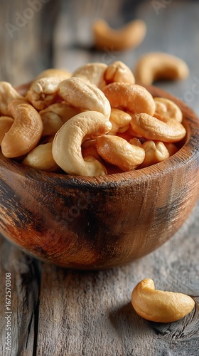 Cashew Nuts in a Wooden Bowl on a Rustic Table With a Warm Atmosphere and Inv...