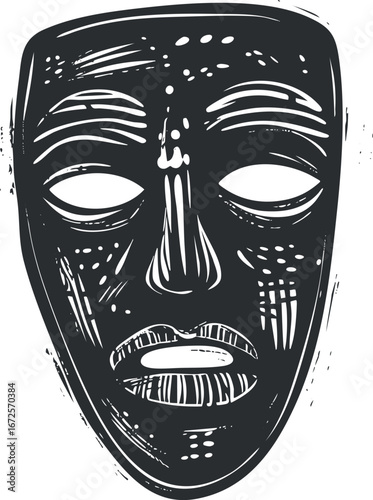 Black and white tribal mask with traditional ethnic design and carved facial features