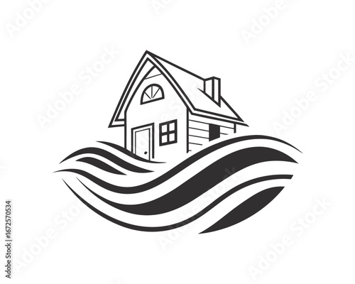Stylized House on Water Logo Black and White Illustration Coastal Living Home Insurance or Real Estate Design Element