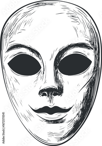 Black and white sketched illustration of a mysterious mask with hollow eyes and subtle smile