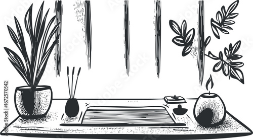 Minimalist black and white illustration of a desk with plant candle incense and decorative leaves