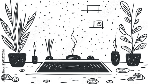 Black and white illustration of a relaxing aromatherapy setup with incense sticks and potted plants indoors