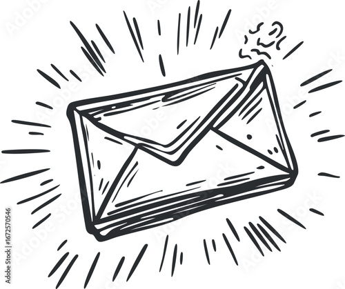 Black and white hand drawn illustration of an envelope symbolizing mail and communication messages